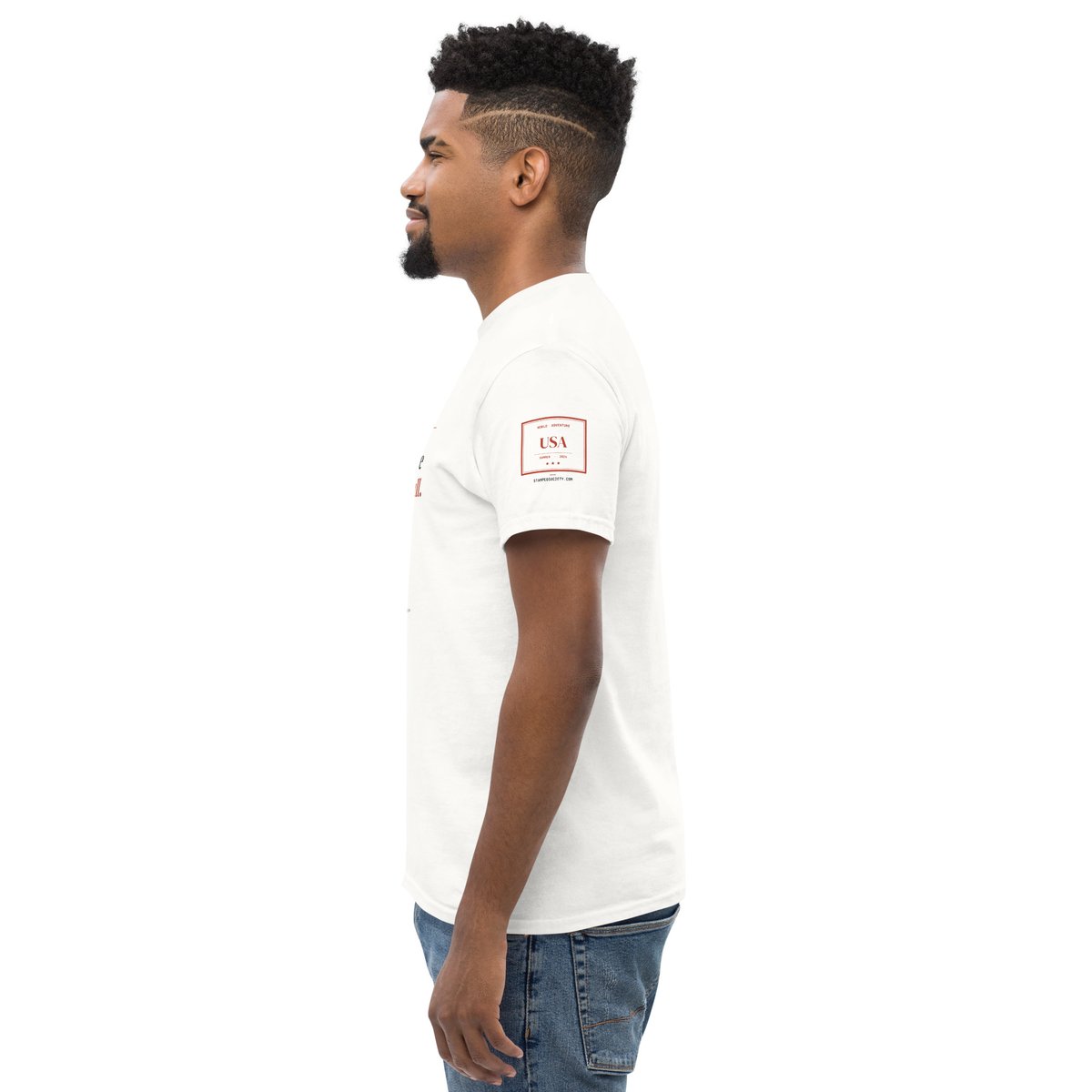 Just Here for the Football USA Tee — worn, USA sleeve detail